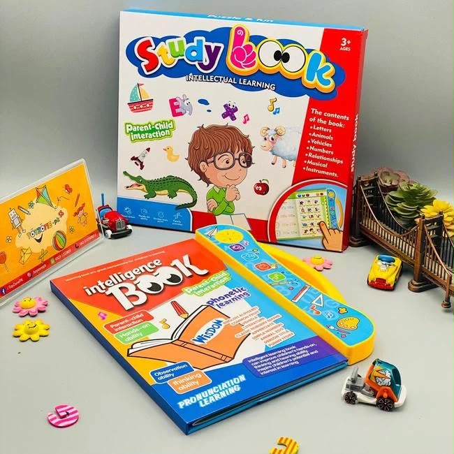 Interactive intelligence book with sound buttons and activity pages